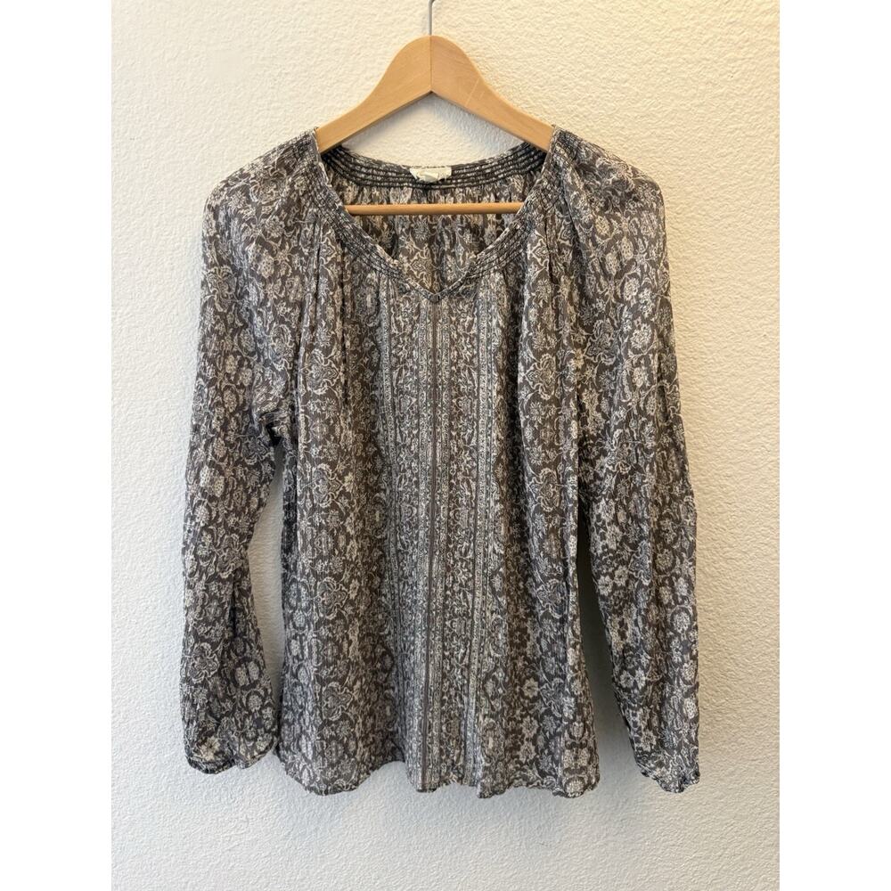 Garnet Hill S Gray Green White Print 100% Silk Long Sleeve Blouse Size S Tunic
